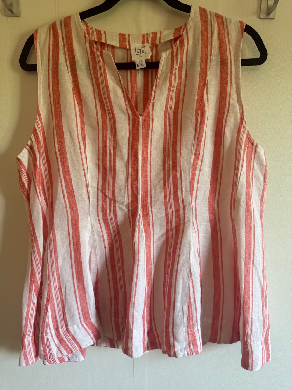 Core Life 100% Linen Sleeveless Top Coral White Stripe L Coastal Summer